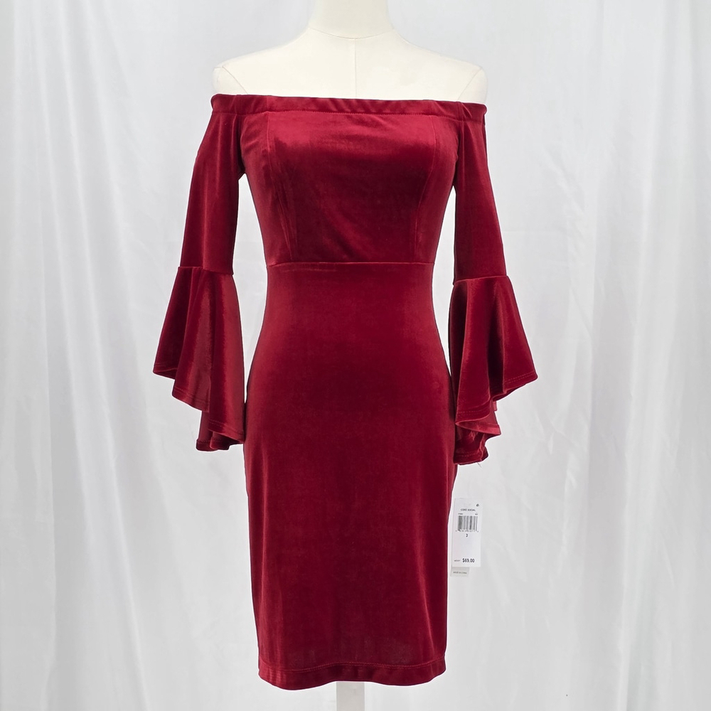 Coquette Velvet Cocktail Dress Women’s 3/4 Red Off Shoulder Ruffle Partywear
